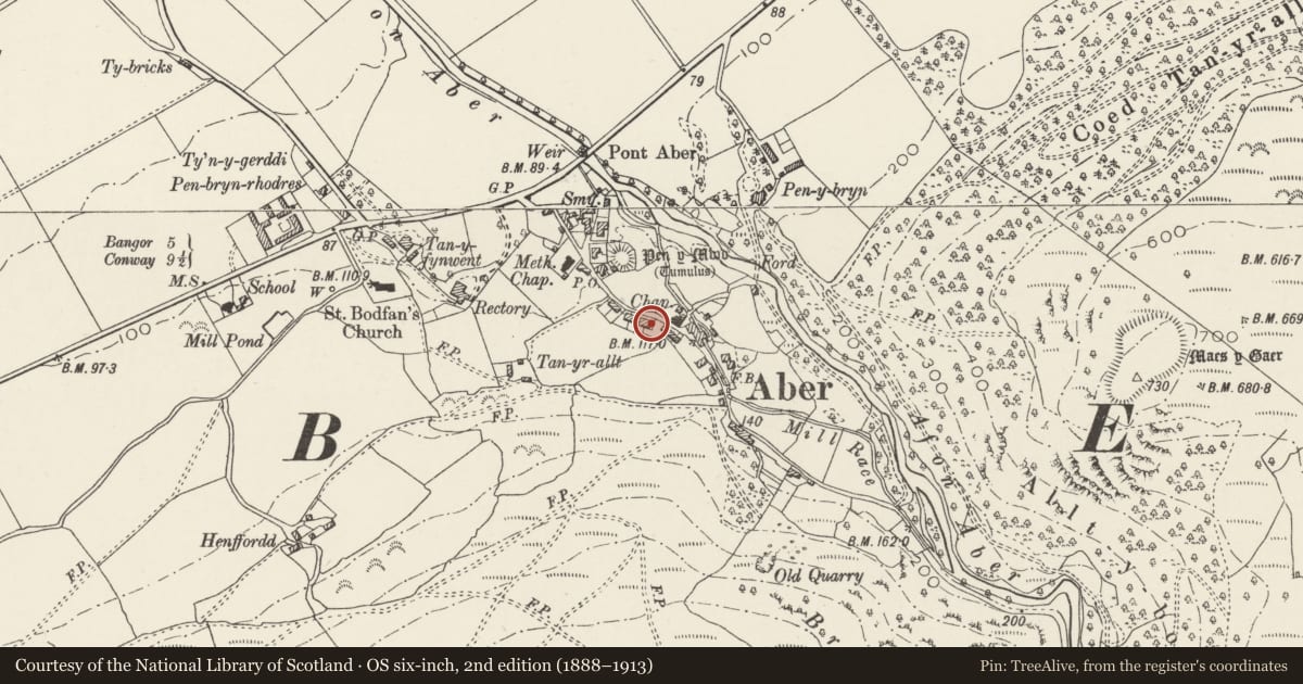 Ordnance Survey six-inch map, 2nd edition (1888–1913) covering the location of Bro Dawel, Aber, Gwynedd, with a pin at the register's coordinates