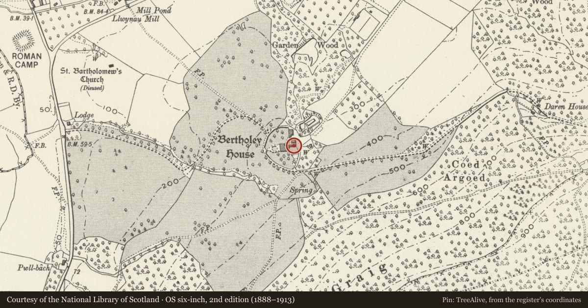 Ordnance Survey six-inch map, 2nd edition (1888–1913) covering the location of Former Farmhouse Range at Bertholey, Llantrisant Fawr, Monmouthshire, with a pin at the register's coordinates