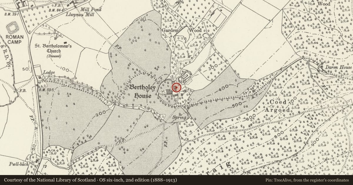 Ordnance Survey six-inch map, 2nd edition (1888–1913) covering the location of Outbuilding block to N of Bertholey, Llantrisant Fawr, Monmouthshire, with a pin at the register's coordinates