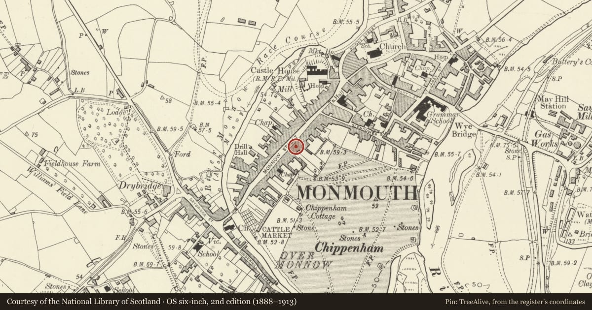 Ordnance Survey six-inch map, 2nd edition (1888–1913) covering the location of 56 Monnow Street, Monmouth, Monmouthshire, with a pin at the register's coordinates