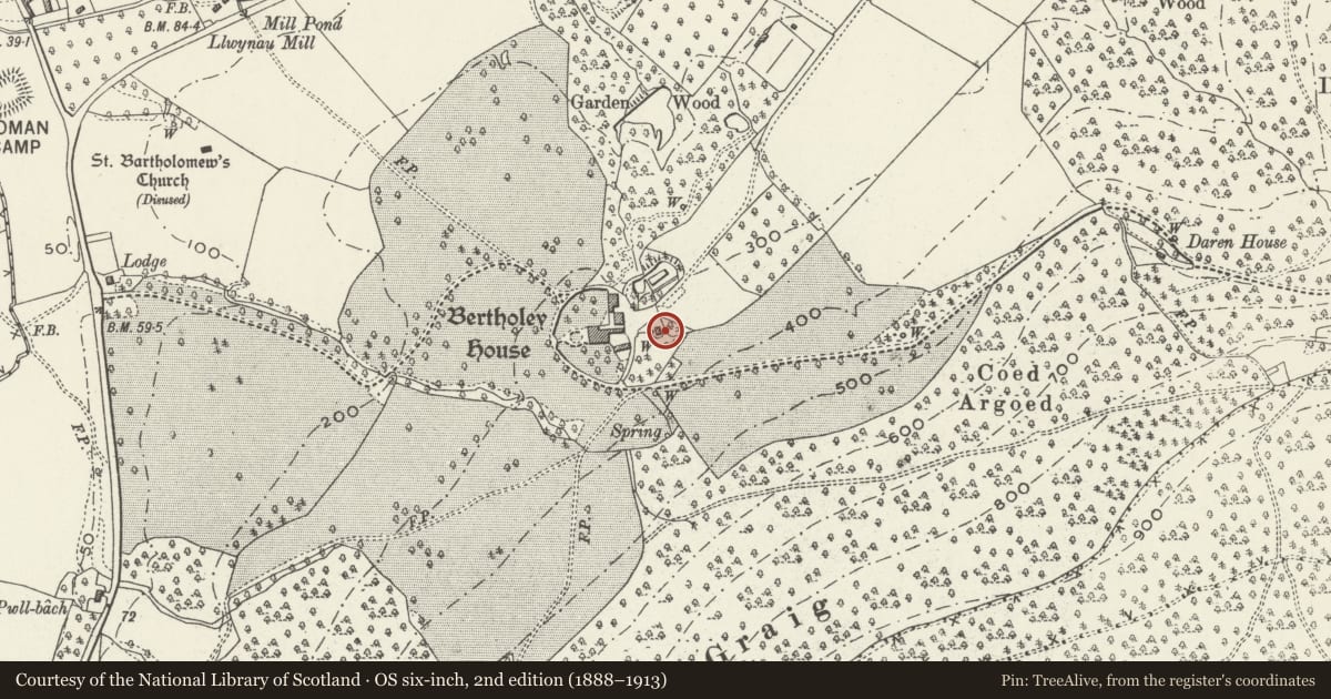 Ordnance Survey six-inch map, 2nd edition (1888–1913) covering the location of Dovecote at Bertholey, Llantrisant Fawr, Monmouthshire, with a pin at the register's coordinates