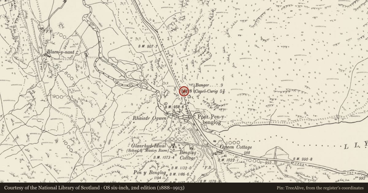 Ordnance Survey six-inch map, 2nd edition (1888–1913) covering the location of Telford Milestone (34), Llanllechid, Gwynedd, with a pin at the register's coordinates