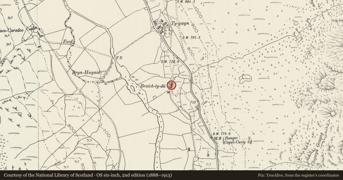 Ordnance Survey six-inch map, 2nd edition (1888–1913) covering the location of Braich-ty-du, Llanllechid, Gwynedd, with a pin at the register's coordinates