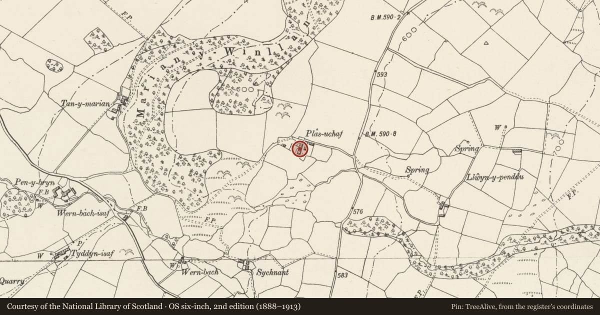 Ordnance Survey six-inch map, 2nd edition (1888–1913) covering the location of Plas-uchaf, Llanllechid, Gwynedd, with a pin at the register's coordinates