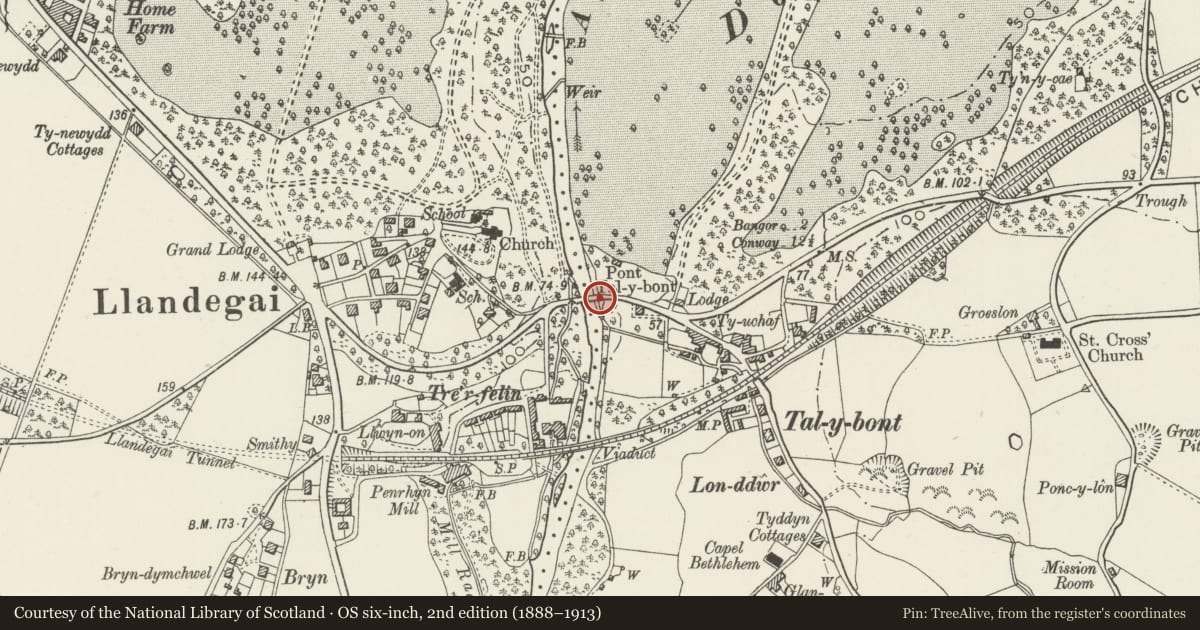 Ordnance Survey six-inch map, 2nd edition (1888–1913) covering the location of Pont Tal-y-bont (partly in Llandygai community), Llanllechid, Gwynedd, with a pin at the register's coordinates