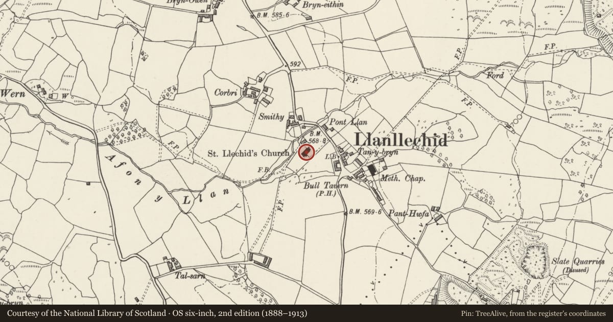 Ordnance Survey six-inch map, 2nd edition (1888–1913) covering the location of Church of St Llechid, Llanllechid, Gwynedd, with a pin at the register's coordinates