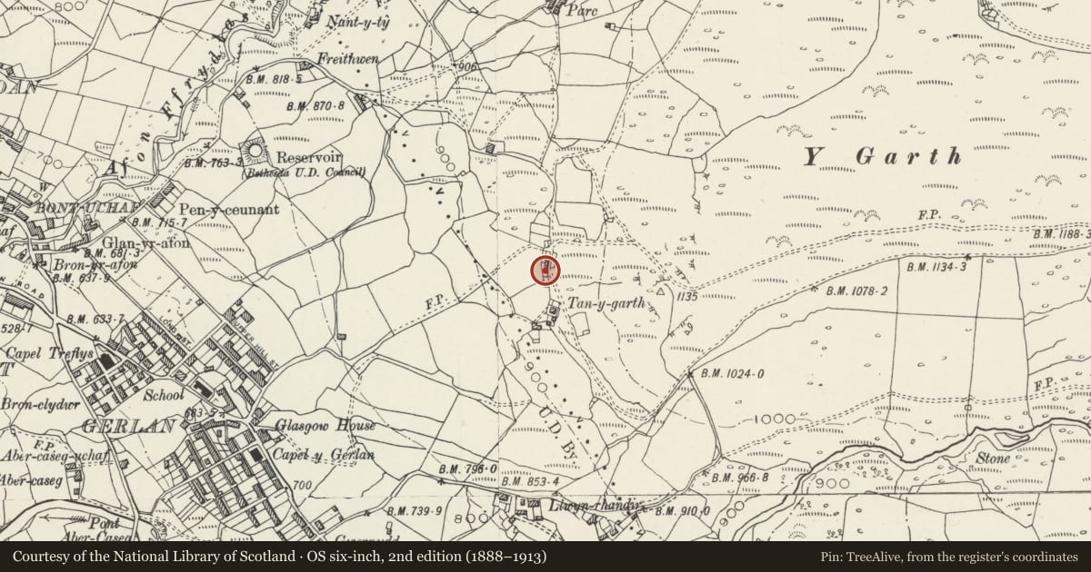 Ordnance Survey six-inch map, 2nd edition (1888–1913) covering the location of Tan-y-garth bach, Llanllechid, Gwynedd, with a pin at the register's coordinates