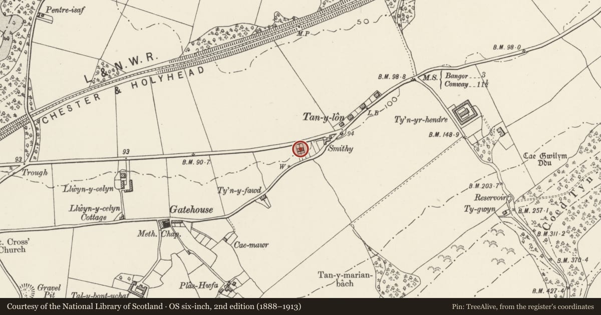 Ordnance Survey six-inch map, 2nd edition (1888–1913) covering the location of Tan-y-lon, Llanllechid, Gwynedd, with a pin at the register's coordinates