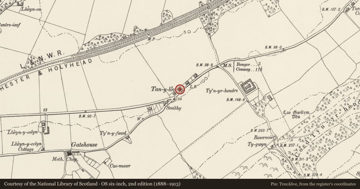 Ordnance Survey six-inch map, 2nd edition (1888–1913) covering the location of Tan-y-lon, Llanllechid, Gwynedd, with a pin at the register's coordinates