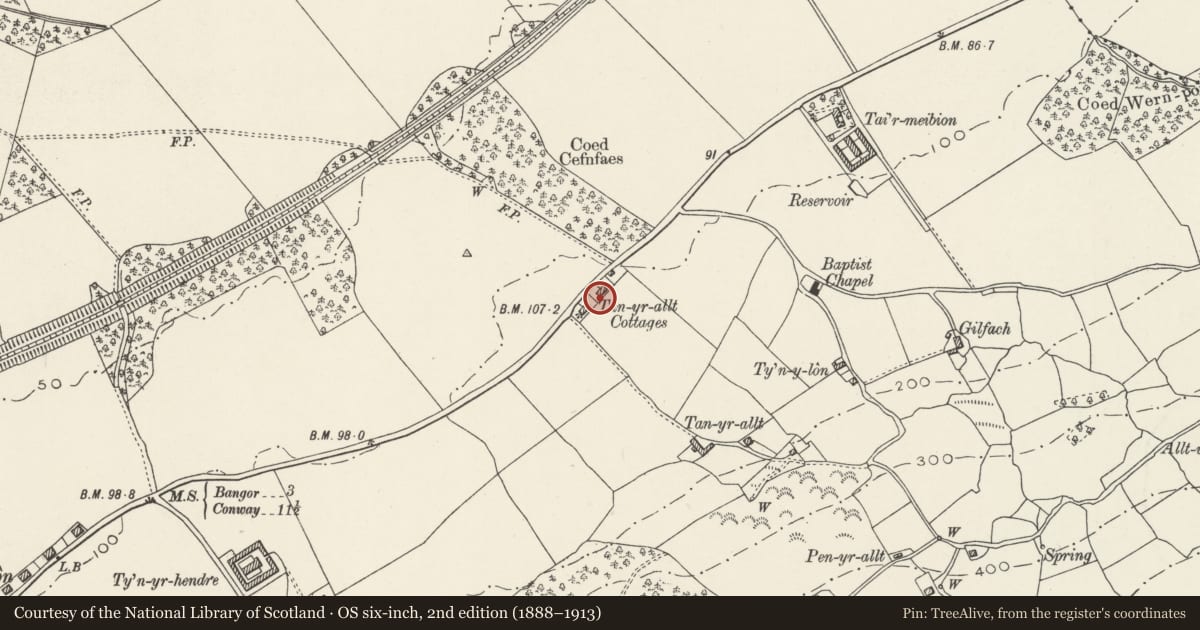 Ordnance Survey six-inch map, 2nd edition (1888–1913) covering the location of Tan-yr-allt Cottages, Llanllechid, Gwynedd, with a pin at the register's coordinates