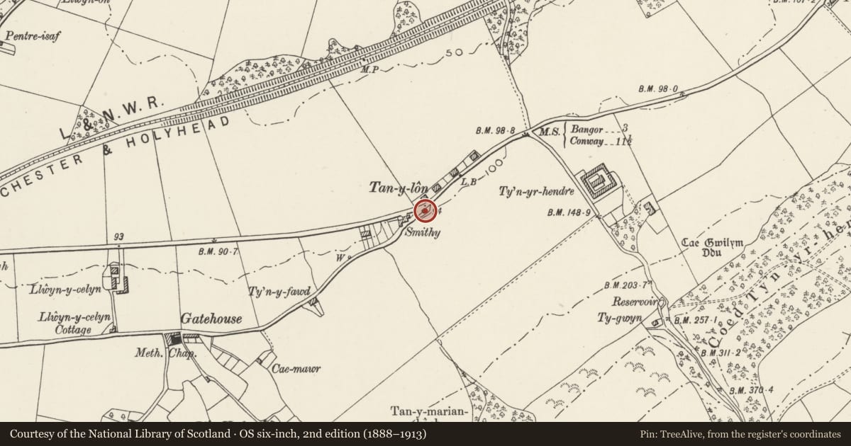 Ordnance Survey six-inch map, 2nd edition (1888–1913) covering the location of Turnpike House, Llanllechid, Gwynedd, with a pin at the register's coordinates
