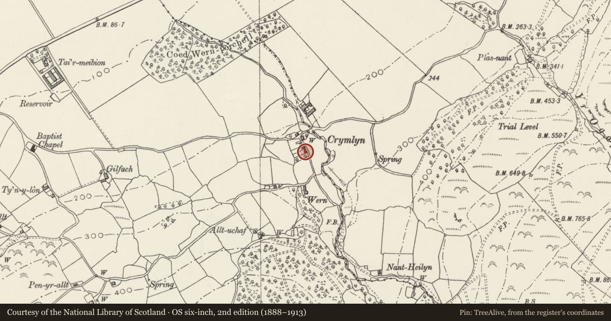 Ordnance Survey six-inch map, 2nd edition (1888–1913) covering the location of Crymlyn Cottage, Llanllechid, Gwynedd, with a pin at the register's coordinates