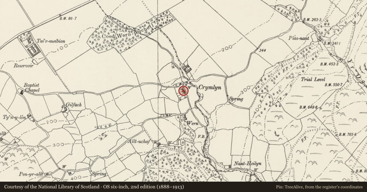 Ordnance Survey six-inch map, 2nd edition (1888–1913) covering the location of Cottage adjoining Crymlyn Cottage, Llanllechid, Gwynedd, with a pin at the register's coordinates