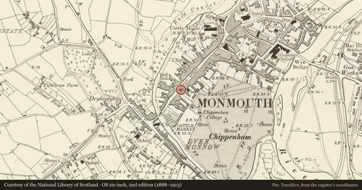 Ordnance Survey six-inch map, 2nd edition (1888–1913) covering the location of 98 Monnow Street, Monmouth, Monmouthshire, with a pin at the register's coordinates