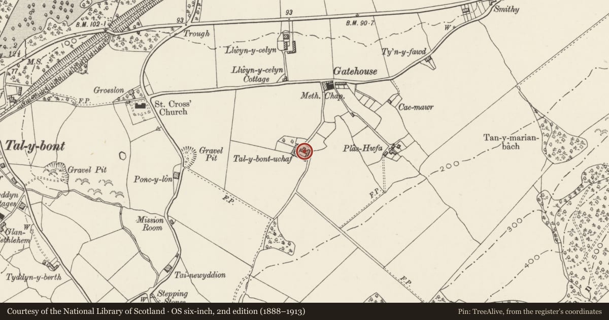 Ordnance Survey six-inch map, 2nd edition (1888–1913) covering the location of U-shaped Range of Farmbuildings at Tal-y-bont-uchaf, Llanllechid, Gwynedd, with a pin at the register's coordinates
