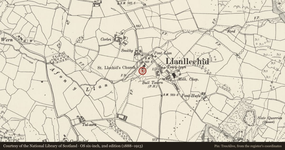 Ordnance Survey six-inch map, 2nd edition (1888–1913) covering the location of Sundial at the Church of St Llechid, Llanllechid, Gwynedd, with a pin at the register's coordinates
