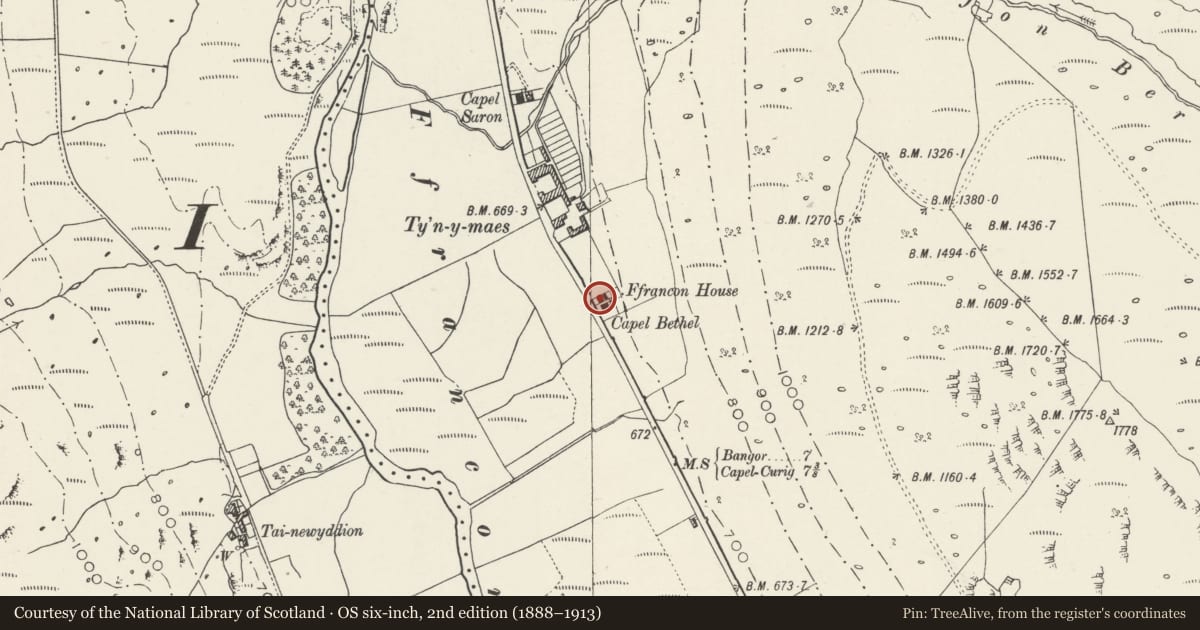 Ordnance Survey six-inch map, 2nd edition (1888–1913) covering the location of Ty Ffrancon, Llanllechid, Gwynedd, with a pin at the register's coordinates