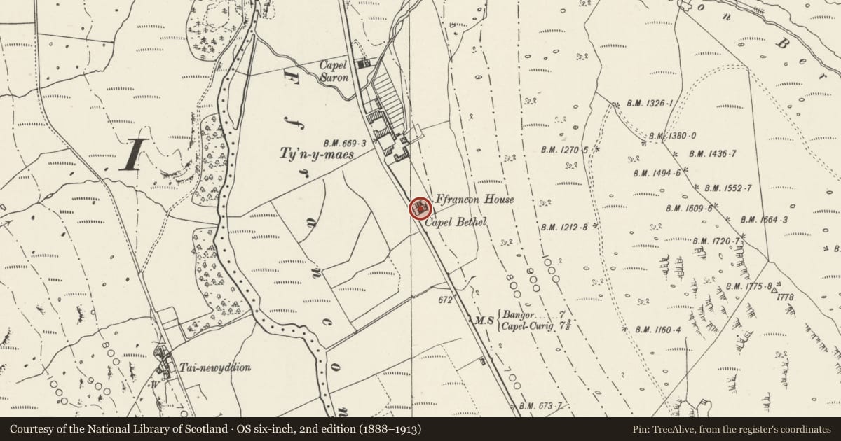 Ordnance Survey six-inch map, 2nd edition (1888–1913) covering the location of Capel Bethel, Llanllechid, Gwynedd, with a pin at the register's coordinates
