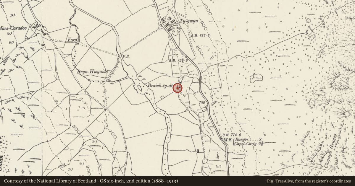 Ordnance Survey six-inch map, 2nd edition (1888–1913) covering the location of Stable at Braich-ty-du, Llanllechid, Gwynedd, with a pin at the register's coordinates