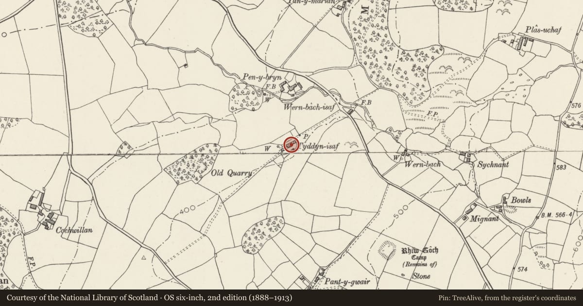 Ordnance Survey six-inch map, 2nd edition (1888–1913) covering the location of Tyddyn-isaf & Tyddyn-isaf bach, Llanllechid, Gwynedd, with a pin at the register's coordinates