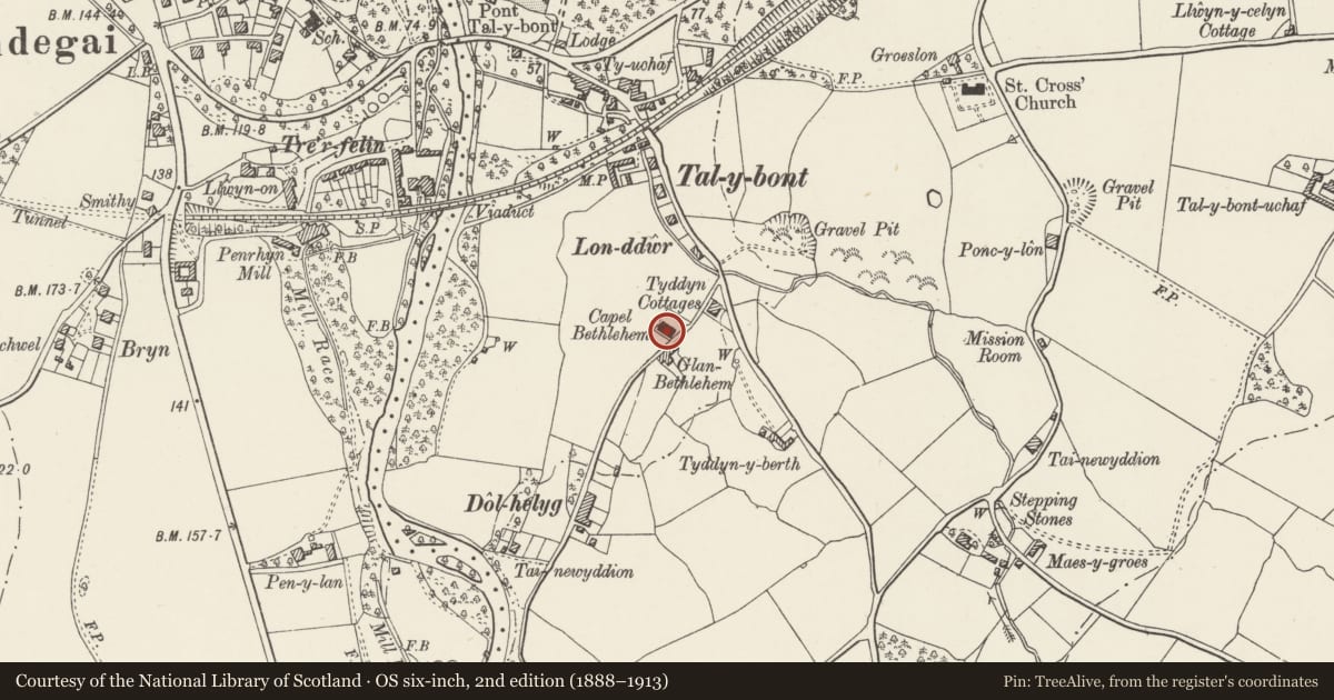 Ordnance Survey six-inch map, 2nd edition (1888–1913) covering the location of Capel Bethlehem, Llanllechid, Gwynedd, with a pin at the register's coordinates