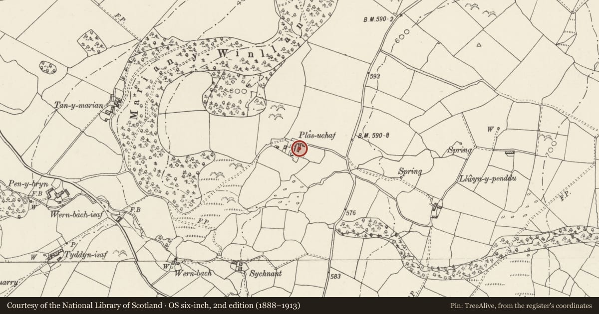 Ordnance Survey six-inch map, 2nd edition (1888–1913) covering the location of L-shaped Cowhouse Range at Plas-uchaf, Llanllechid, Gwynedd, with a pin at the register's coordinates
