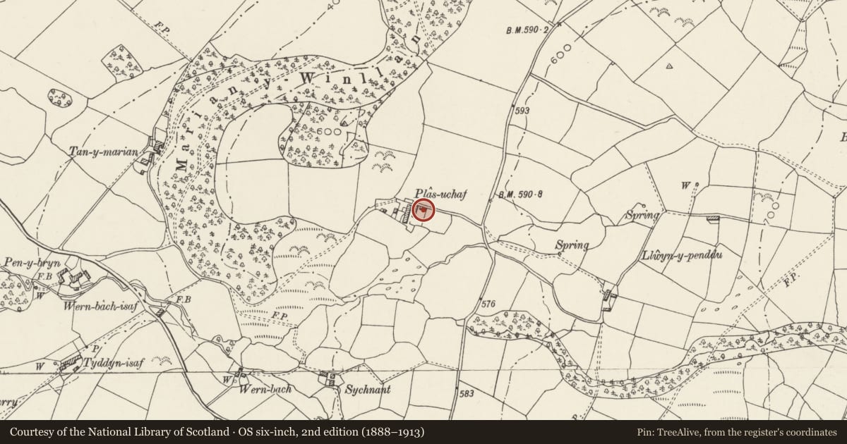 Ordnance Survey six-inch map, 2nd edition (1888–1913) covering the location of Small Cowhouse Range at Plas-uchaf, Llanllechid, Gwynedd, with a pin at the register's coordinates