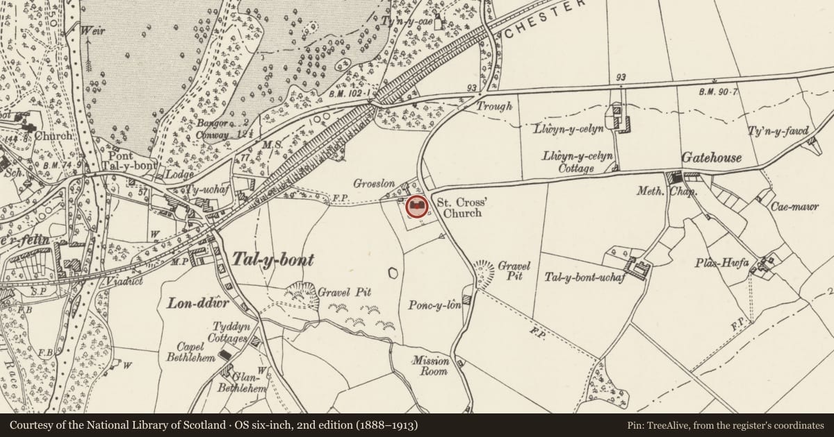 Ordnance Survey six-inch map, 2nd edition (1888–1913) covering the location of Eglwys St Cross, Llanllechid, Gwynedd, with a pin at the register's coordinates