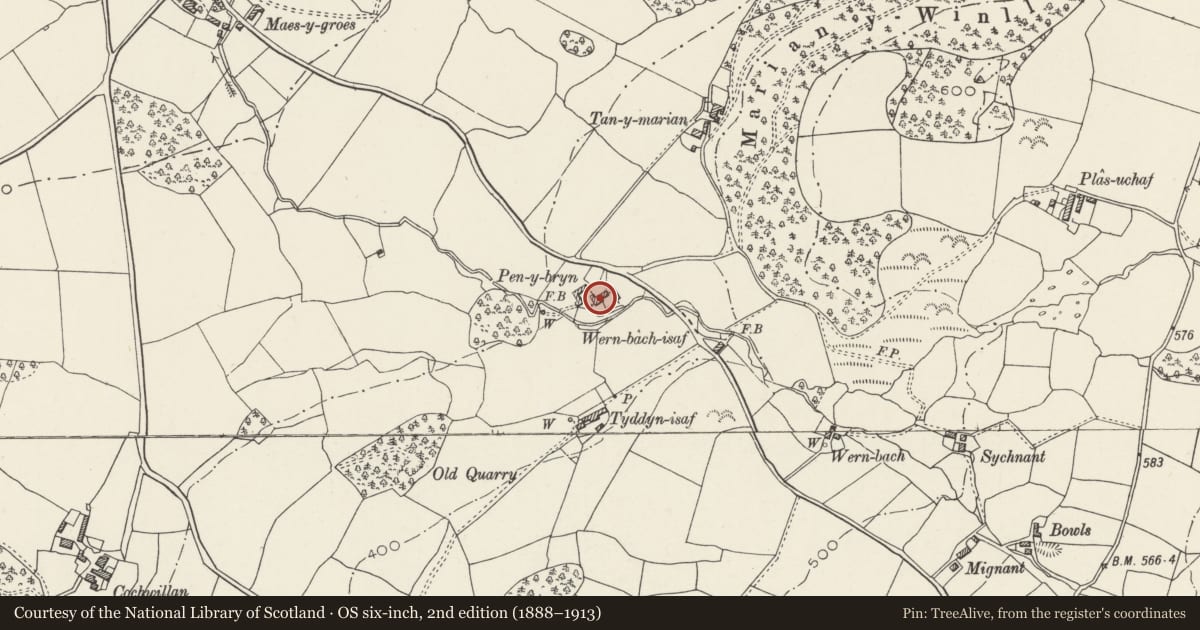 Ordnance Survey six-inch map, 2nd edition (1888–1913) covering the location of Pen-y-bryn, Llanllechid, Gwynedd, with a pin at the register's coordinates
