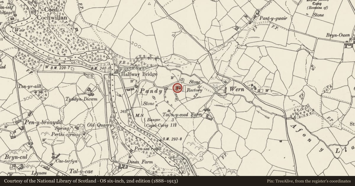 Ordnance Survey six-inch map, 2nd edition (1888–1913) covering the location of Pandy Newydd, Llanllechid, Gwynedd, with a pin at the register's coordinates