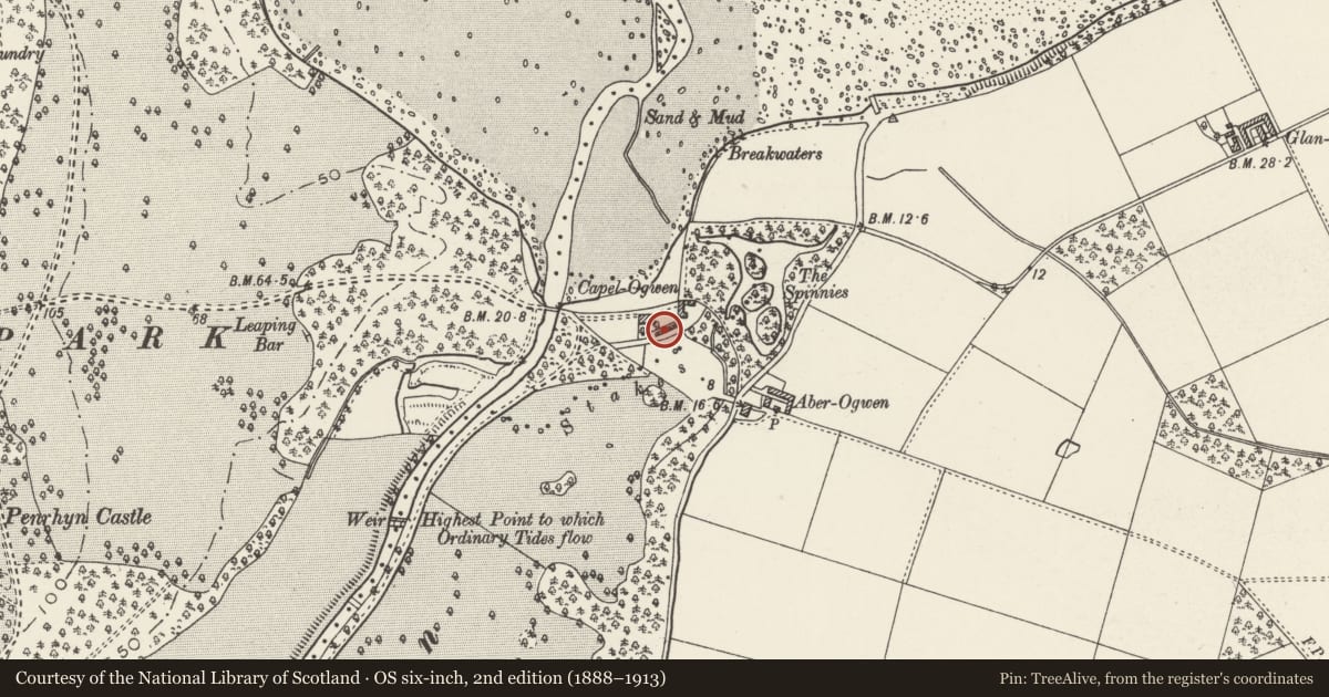 Ordnance Survey six-inch map, 2nd edition (1888–1913) covering the location of Estate Kennels, Llanllechid, Gwynedd, with a pin at the register's coordinates