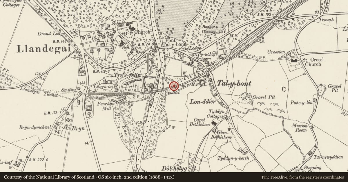 Ordnance Survey six-inch map, 2nd edition (1888–1913) covering the location of Railway Viaduct (partly in Llandygai community), Llanllechid, Gwynedd, with a pin at the register's coordinates