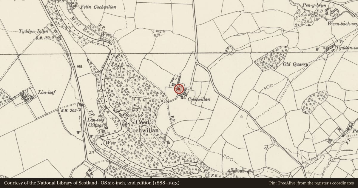 Ordnance Survey six-inch map, 2nd edition (1888–1913) covering the location of Bwthyn Cochwillan, Llanllechid, Gwynedd, with a pin at the register's coordinates