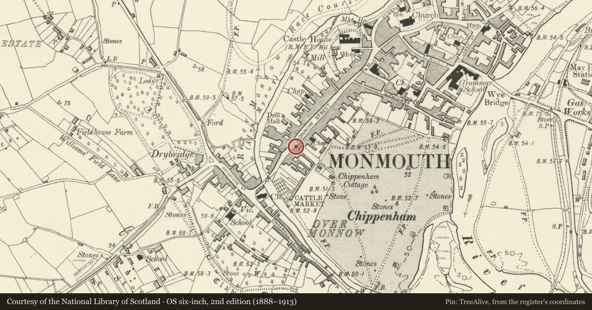 Ordnance Survey six-inch map, 2nd edition (1888–1913) covering the location of The Borough Pharmacy, Monmouth, Monmouthshire, with a pin at the register's coordinates