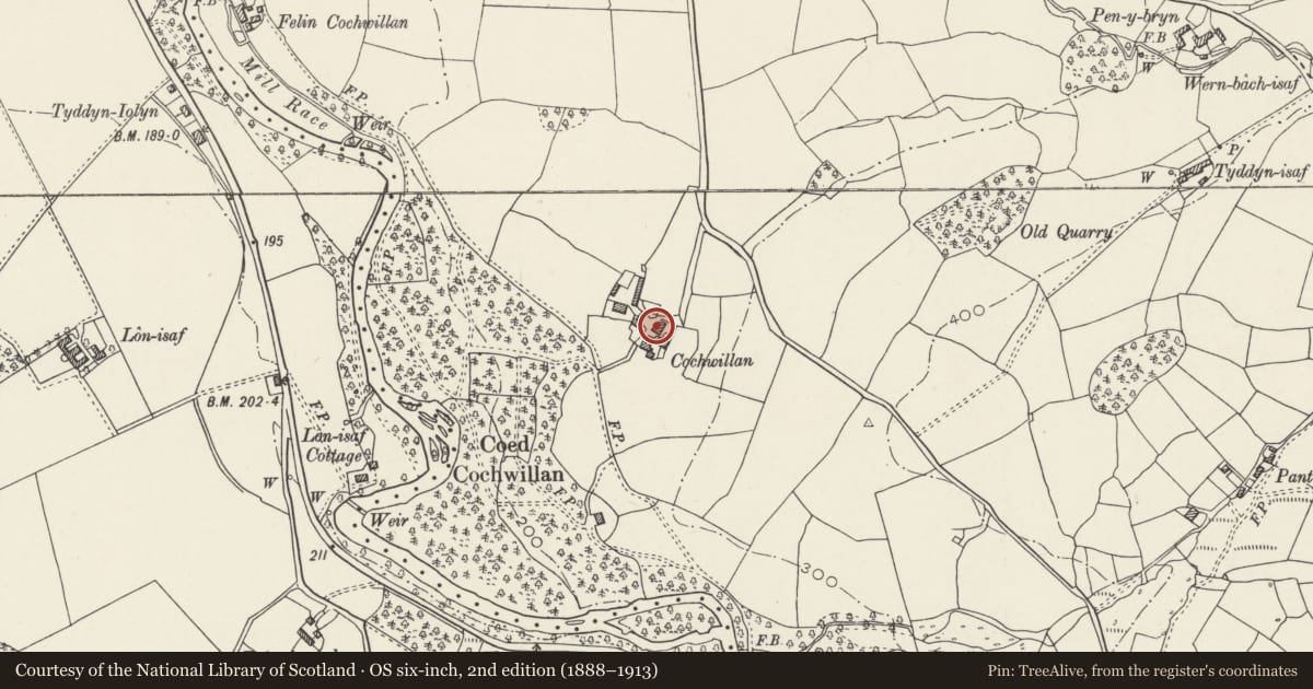 Ordnance Survey six-inch map, 2nd edition (1888–1913) covering the location of Pigsties at Bwthyn Cochwillan, Llanllechid, Gwynedd, with a pin at the register's coordinates
