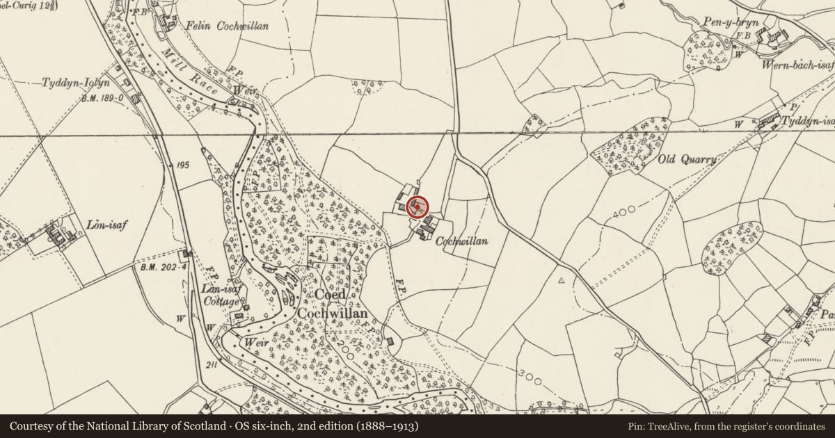 Ordnance Survey six-inch map, 2nd edition (1888–1913) covering the location of Slate Fencing at Bwthyn Cochwillan, Llanllechid, Gwynedd, with a pin at the register's coordinates