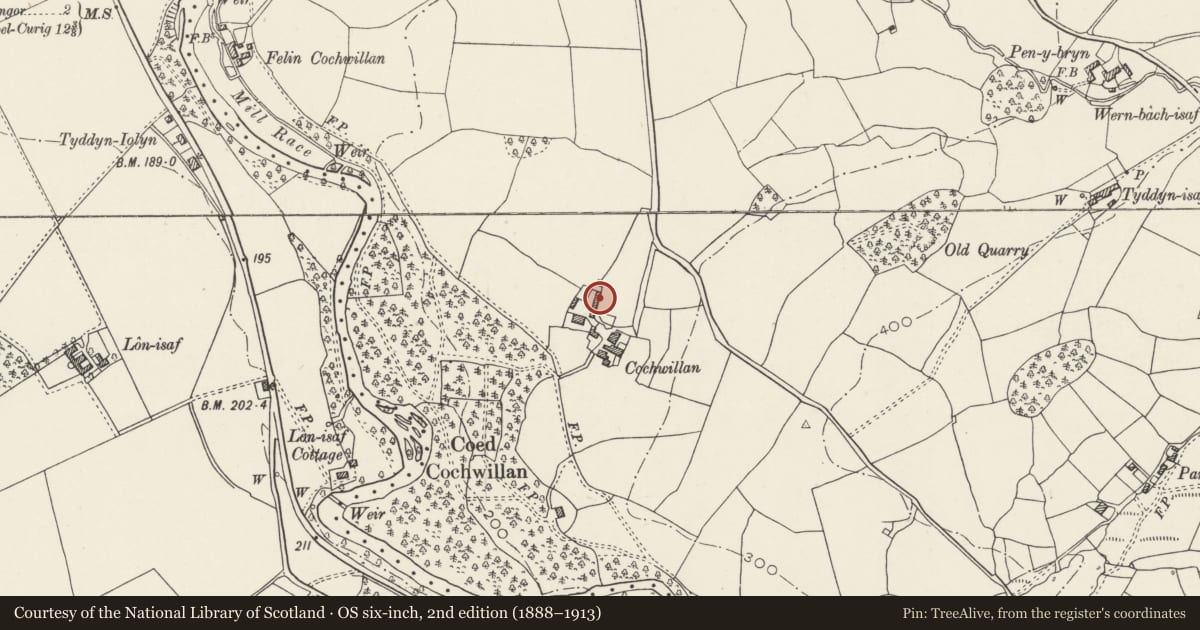Ordnance Survey six-inch map, 2nd edition (1888–1913) covering the location of Cowhouses/Cart Shelter at Fferm Cochwillan, Llanllechid, Gwynedd, with a pin at the register's coordinates