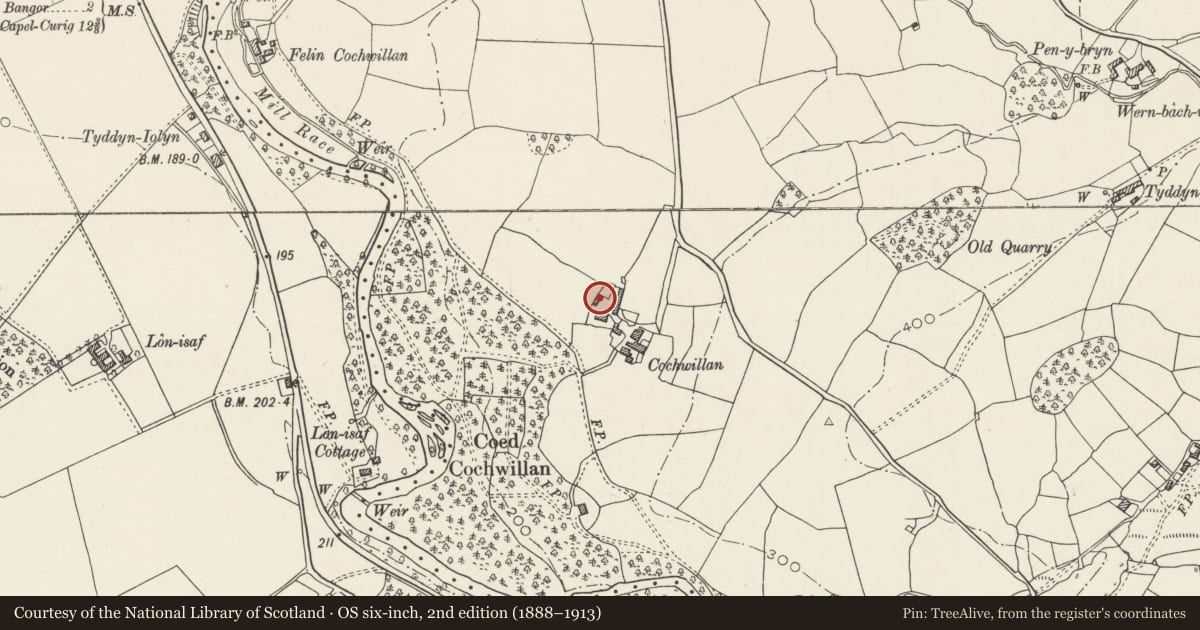 Ordnance Survey six-inch map, 2nd edition (1888–1913) covering the location of Pigsties/Pig Kitchen at Fferm Cochwillan, Llanllechid, Gwynedd, with a pin at the register's coordinates