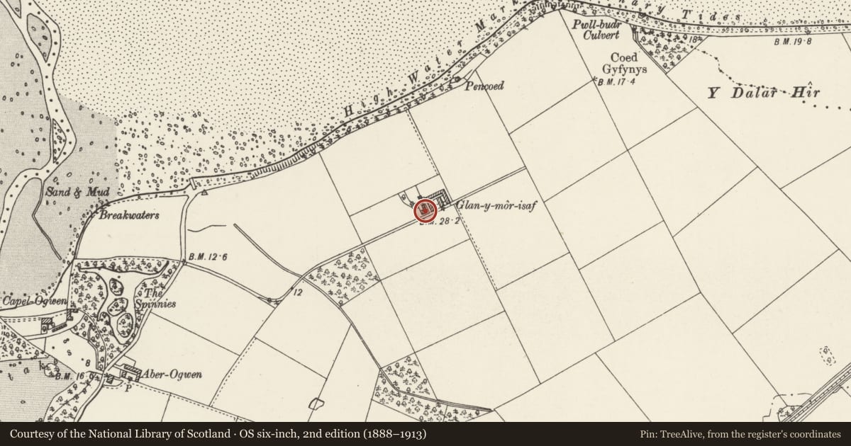 Ordnance Survey six-inch map, 2nd edition (1888–1913) covering the location of Glan-y-mor-isaf, Llanllechid, Gwynedd, with a pin at the register's coordinates