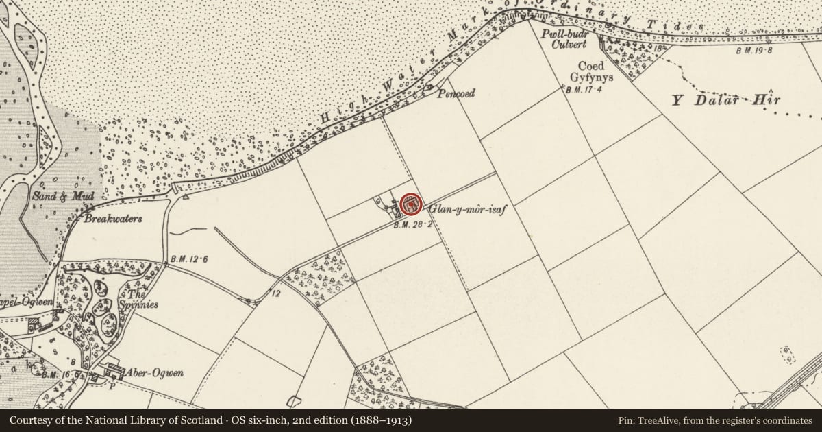 Ordnance Survey six-inch map, 2nd edition (1888–1913) covering the location of Farmbuildings at Glan-y-mor-isaf, Llanllechid, Gwynedd, with a pin at the register's coordinates