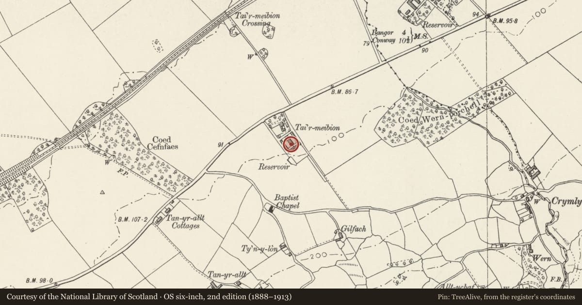 Ordnance Survey six-inch map, 2nd edition (1888–1913) covering the location of Farmbuildings at Tai'r-meibion, Llanllechid, Gwynedd, with a pin at the register's coordinates