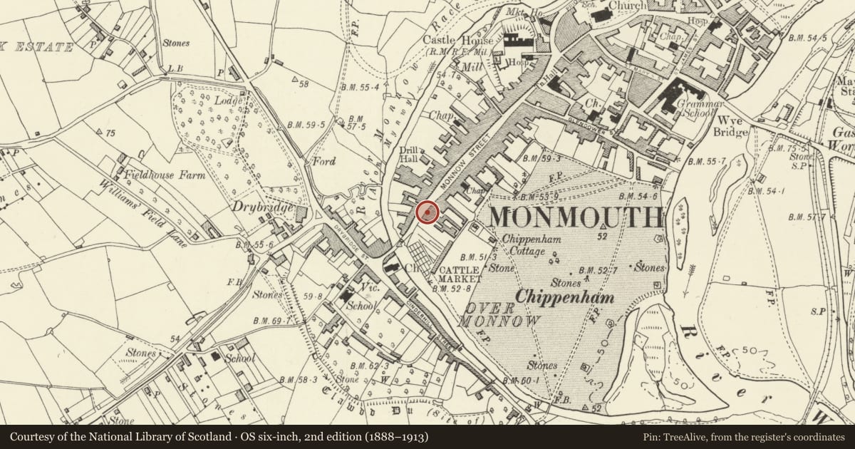 Ordnance Survey six-inch map, 2nd edition (1888–1913) covering the location of The Robin Hood Inn (Nos.124 & 126), Monmouth, Monmouthshire, with a pin at the register's coordinates