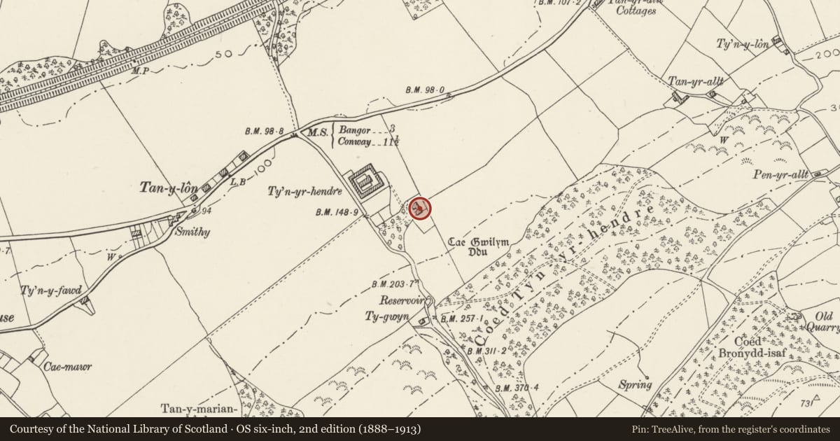 Ordnance Survey six-inch map, 2nd edition (1888–1913) covering the location of Ty'n-yr-hendre, Llanllechid, Gwynedd, with a pin at the register's coordinates