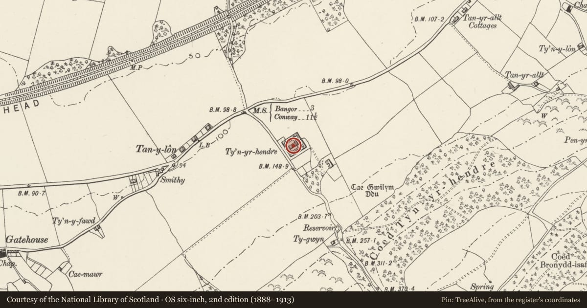 Ordnance Survey six-inch map, 2nd edition (1888–1913) covering the location of Shelter Shed/Pigsties at Ty'n-yr-hendre, Llanllechid, Gwynedd, with a pin at the register's coordinates