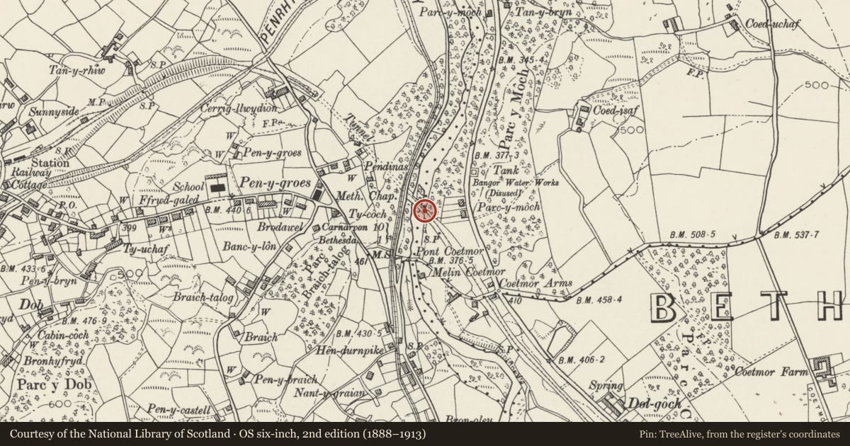 Ordnance Survey six-inch map, 2nd edition (1888–1913) covering the location of Pont Coetmor (partly in Llandygai and Bethesda communities), Llanllechid, Gwynedd, with a pin at the register's coordinates