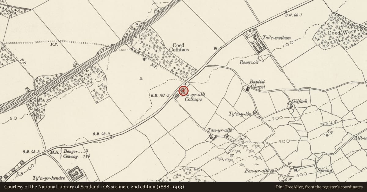 Ordnance Survey six-inch map, 2nd edition (1888–1913) covering the location of Tan-yr-allt Cottages, Llanllechid, Gwynedd, with a pin at the register's coordinates
