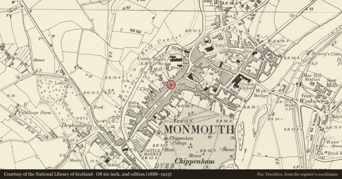 Ordnance Survey six-inch map, 2nd edition (1888–1913) covering the location of former Gloucestershire Arms P.H. (closed), Monmouth, Monmouthshire, with a pin at the register's coordinates