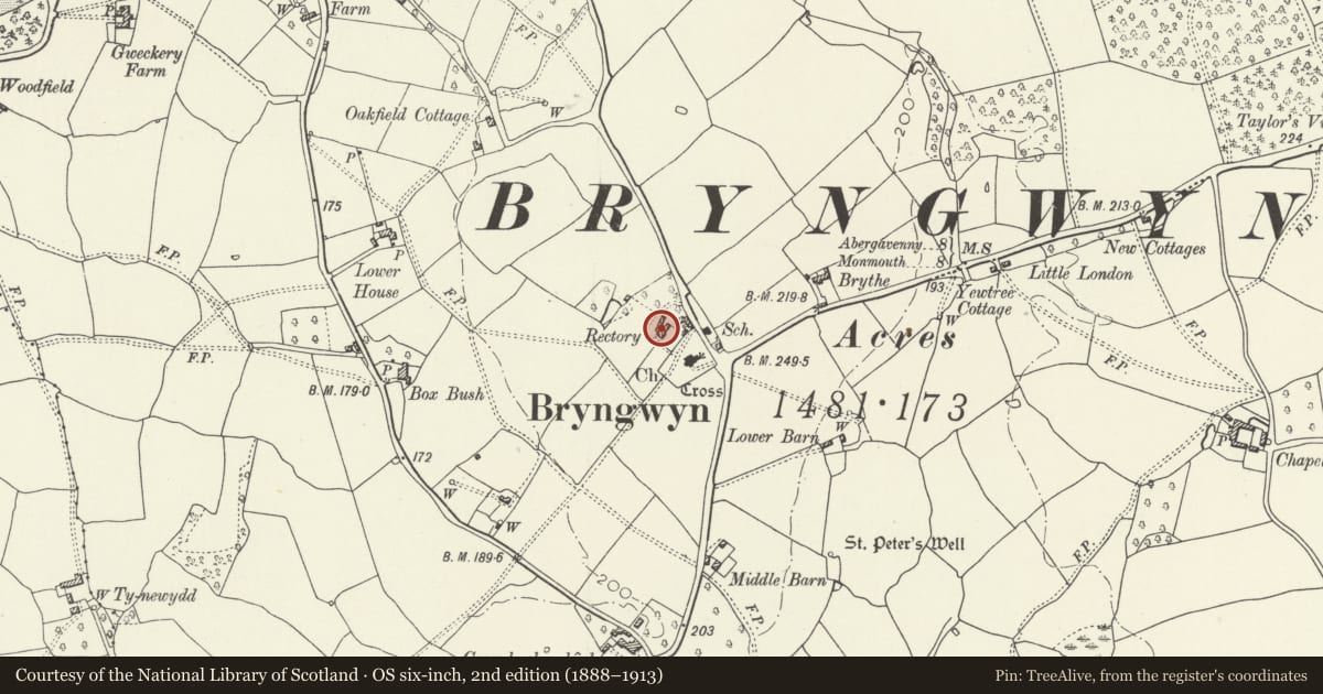 Ordnance Survey six-inch map, 2nd edition (1888–1913) covering the location of Rectory Farmhouse and the Old Rectory, Llanarth, Monmouthshire, with a pin at the register's coordinates