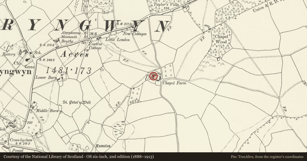 Ordnance Survey six-inch map, 2nd edition (1888–1913) covering the location of Chapel Farmhouse, Llanarth, Monmouthshire, with a pin at the register's coordinates