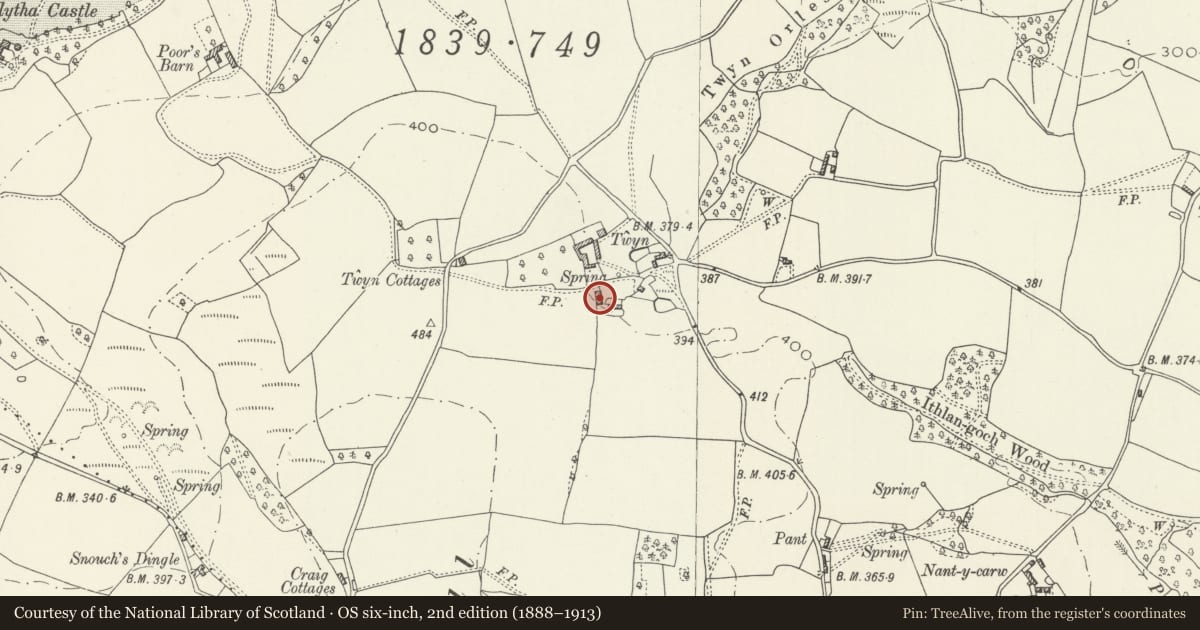 Ordnance Survey six-inch map, 2nd edition (1888–1913) covering the location of Twyn Farmhouse, Llanarth, Monmouthshire, with a pin at the register's coordinates